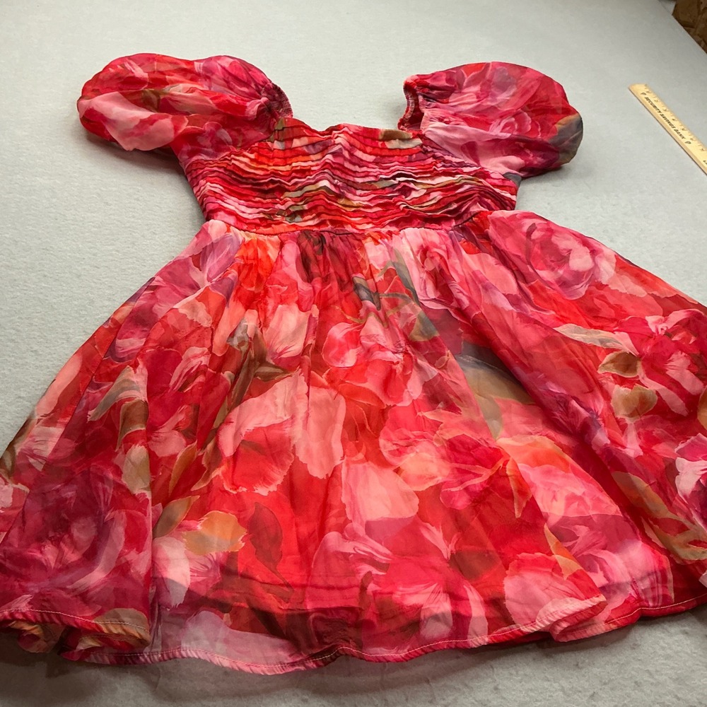By &‎ By Girl Floral Mini Dress Puff Sleeve Smocked Chiffon Red Pink Size 16